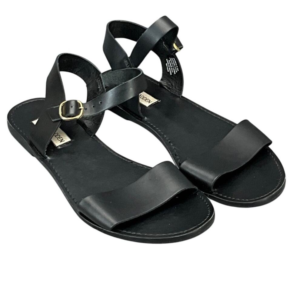 Steve Madden Donddi Black Leather Ankle Strap Open Toe Sandal Women 9.5M